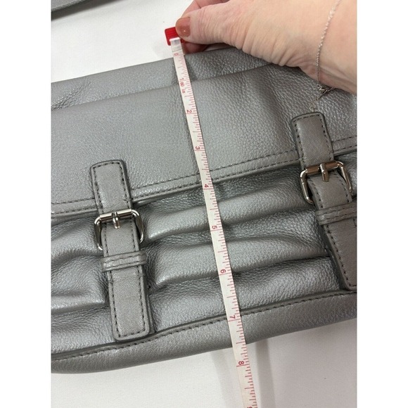 Cole Haan Crossbody Bag Silver Leather Buckles Outside Pocket Zipper Closure - Picture 9 of 11